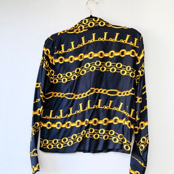 Laurel Escada Silk Blue button down shirt 34 chain link luxury Preppy - Picture 3 of 6